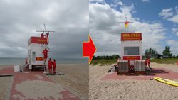 Wachturm am Strand wird aufgebaut.