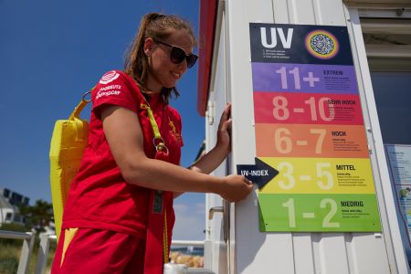 DLRG Rettungsschwimmerin, die den Pfeil auf dem UV-Index auf 3-5 (Mittlere UV-Strahlung) setzt.
